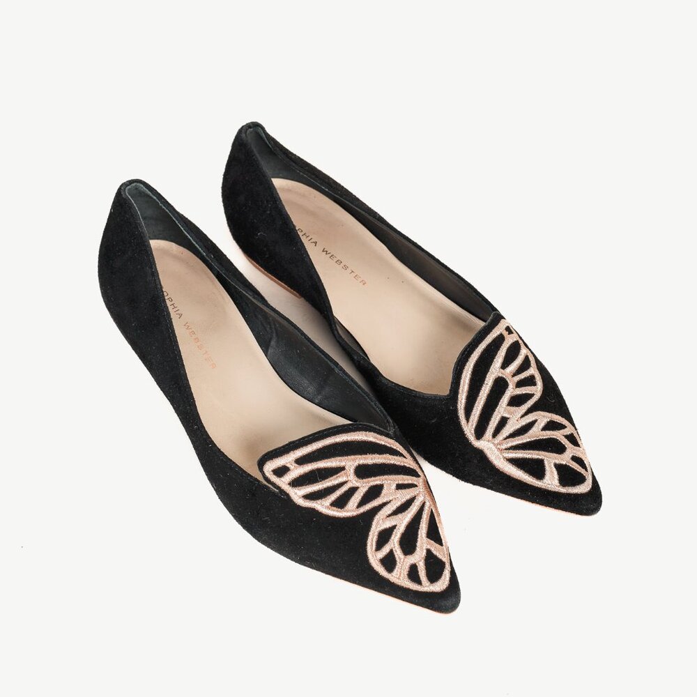Sophia Webster Bibi Black & Rose Gold Butterfly Embroidered Suede Flats